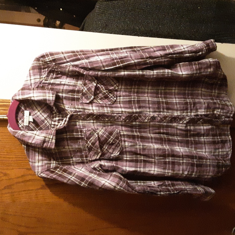 Fashion Bug Embellished Purple Plaid Cotton Flannel Woman's Large